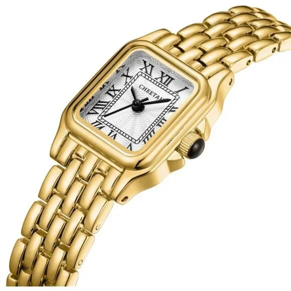 Gold Watches for Women with Small Vintage Bracelet, Rectangular Case
